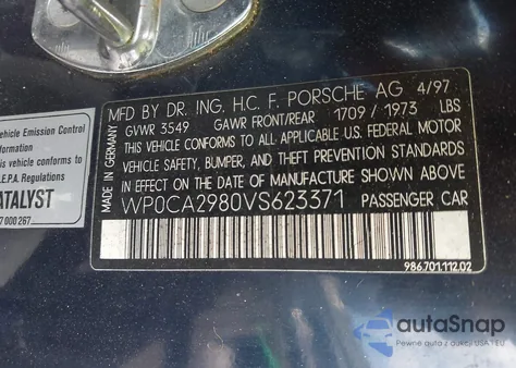 1997 Porsche Boxster z USA, uszkodzony, nr VIN WP0CA2980VS623371